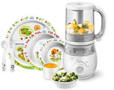 Matningsprodukter för småbarn: ångkokare och mixer för barnmat samt barnservis Philips Avent