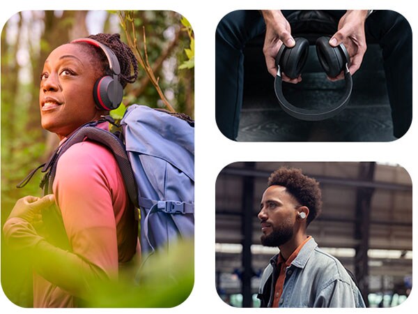 Tre bilder som visar personer som använder olika typer av Philips hörlurar, inklusive over-ear och in-ear, i olika miljöer