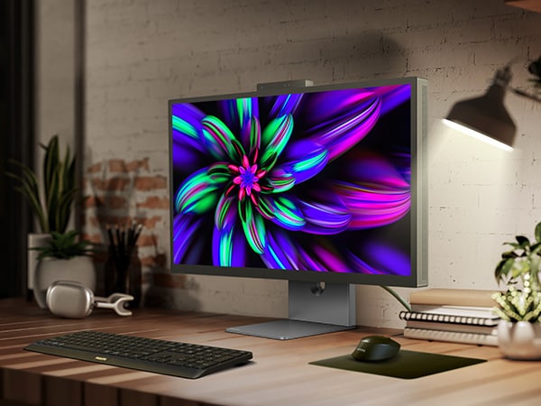 Philips Brilluance monitor on a clean desk with just a single Thunderbolt cable connected