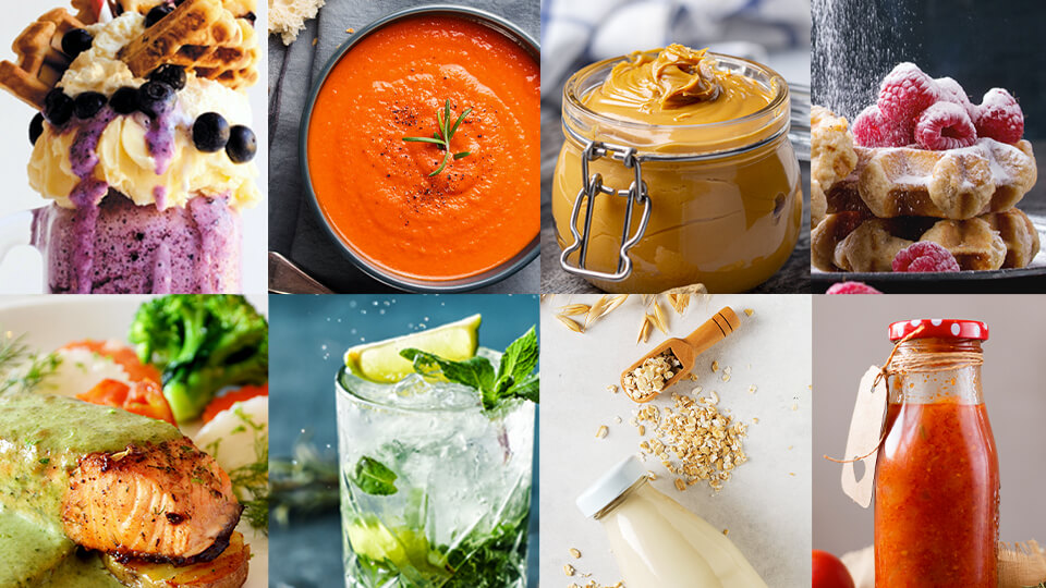 En mängd olika rätter: blåbärssmoothie, krämig tomatsoppa, jordnötssmör, våfflor med hallon och florsocker, sås på grön basilika, mojito med krossad is, havremjölk, tjock tomatsås