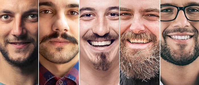 Collage med porträtt av sju män med olika skäggstilar.